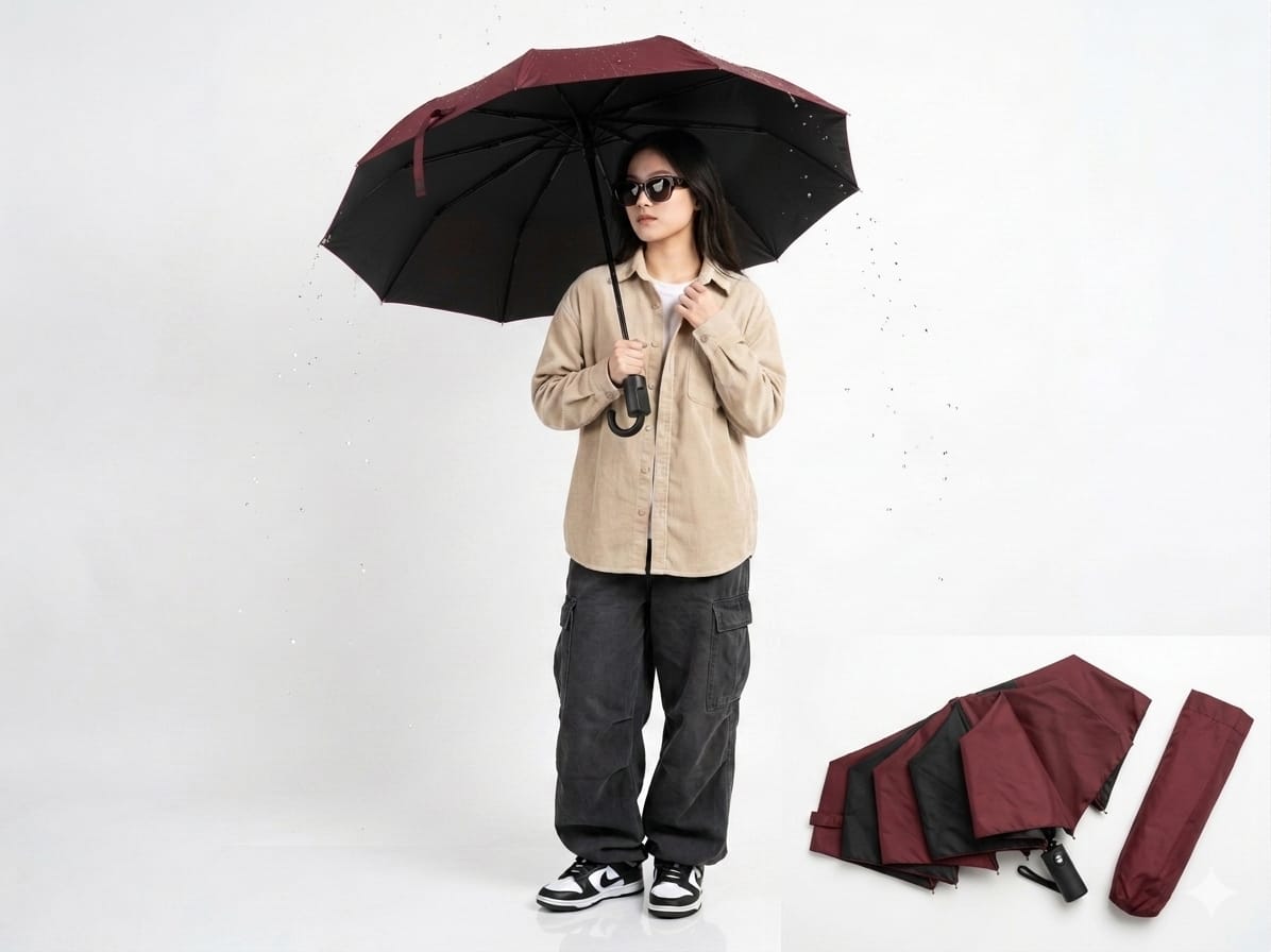 Premium Maroon & Black Foldable Umbrella – Luxury Compact Travel Umbrella for Men & Women